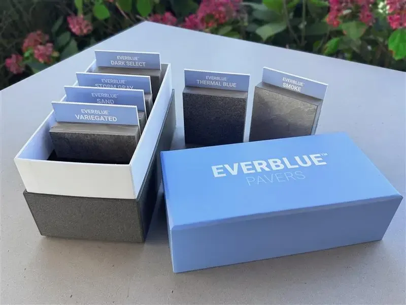 The Everblue sample box, open, with labelled pieces of all six colorways